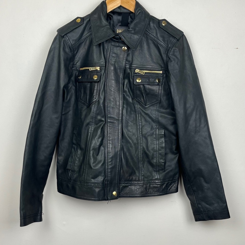 Black Rivet Leather Moto Jacket Women's Large Black Gold Hardware Mob Wife Y2K